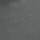 Unisex sweater close-up: dark grey melange knit, chest graphic logo, neck label