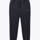 Navy unisex sweatpants with elastic waistband, drawstring, and cuffed ankles