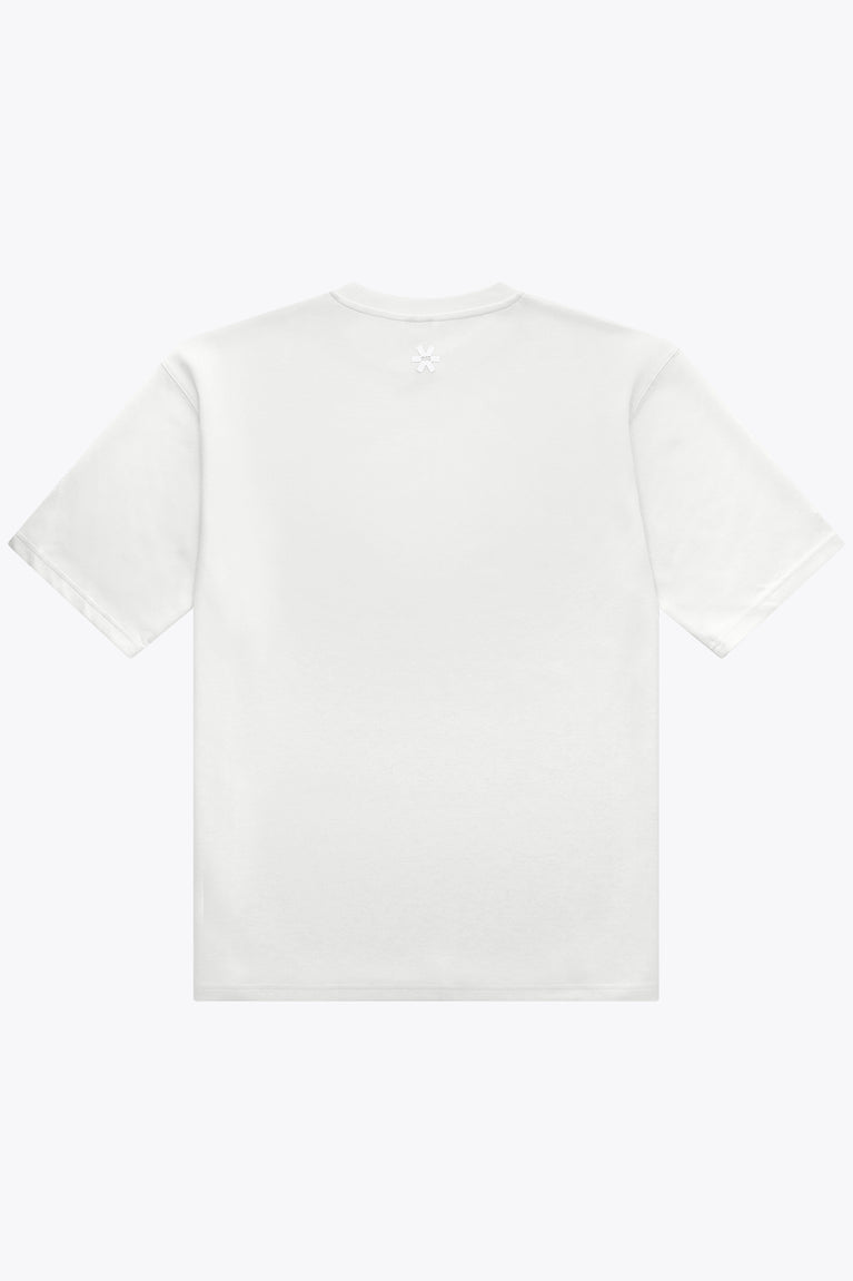 Back view of white unisex boxy crewneck T-shirt with small upper back logo