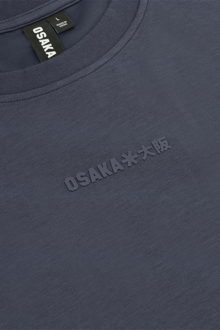Navy unisex boxy tee neckline with OSAKA*FREE logo detail