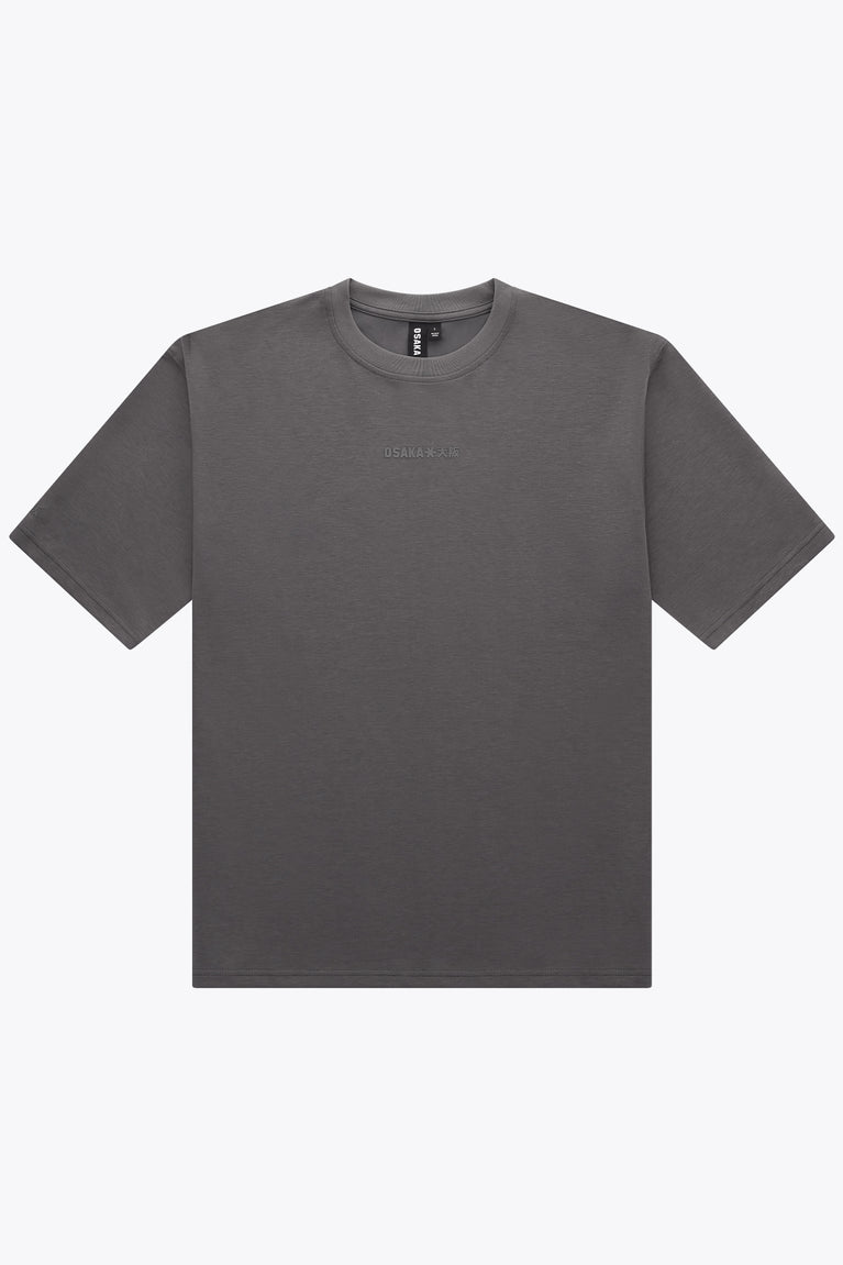 Dark grey unisex boxy T-shirt with crew neck and small front logo