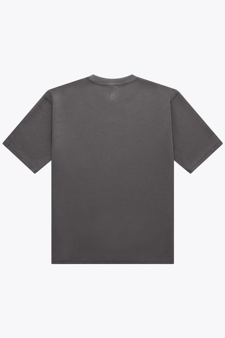 Dark grey unisex boxy T-shirt back view with small upper logo
