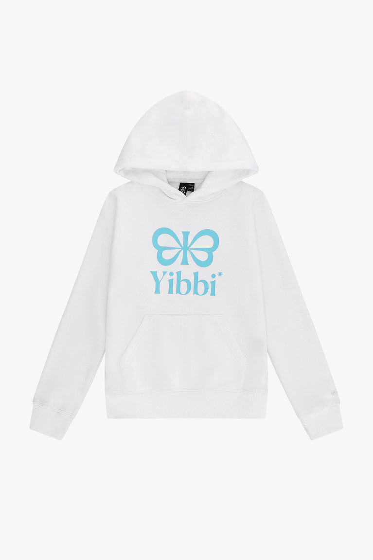 Kids white hoodie with front hood and blue Yibbi logo graphic
