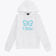 Kids white hoodie with front hood and blue Yibbi logo graphic