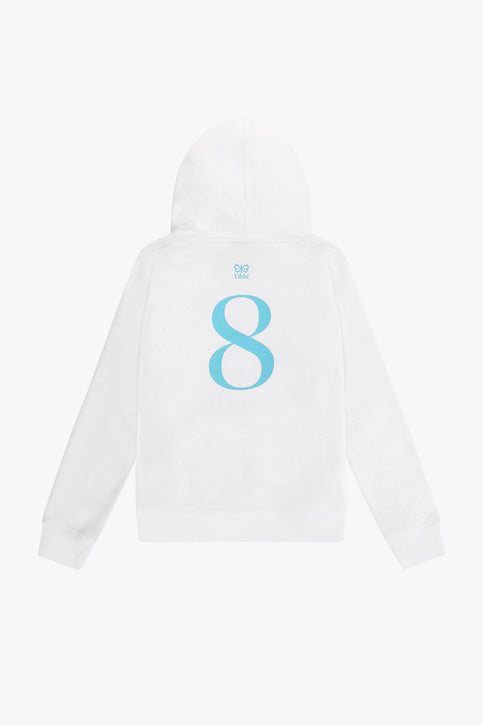 Yibbi Kids Hoodie | White Kids white hoodie with front hood and blue Yibbi logo graphic