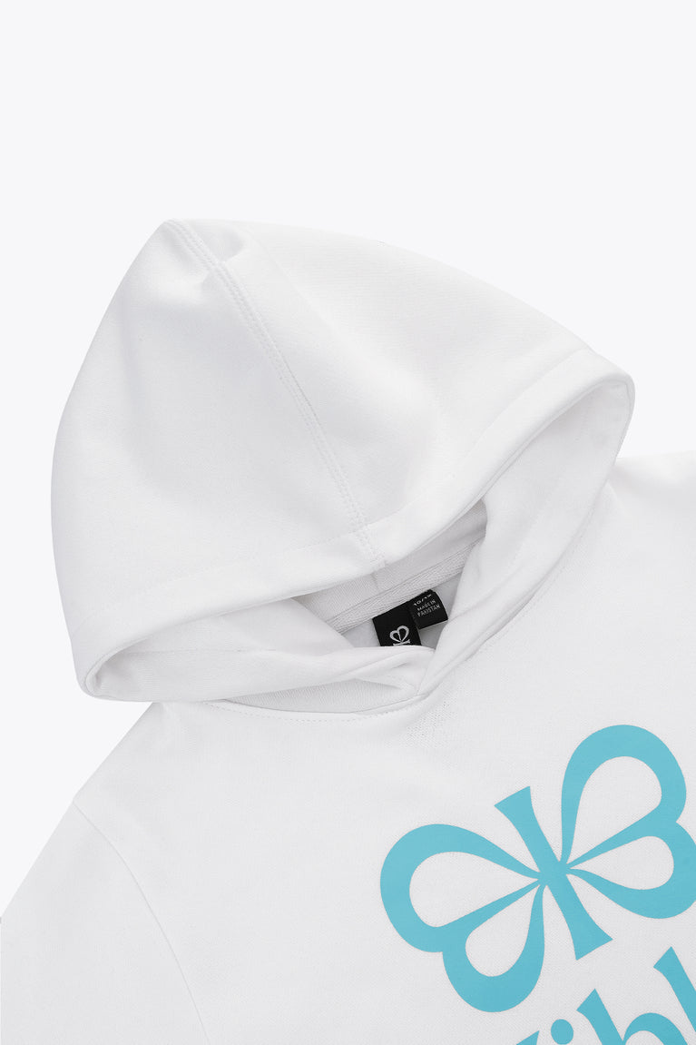 Kids white hoodie with hood opening and partial blue Yibbi graphic on chest