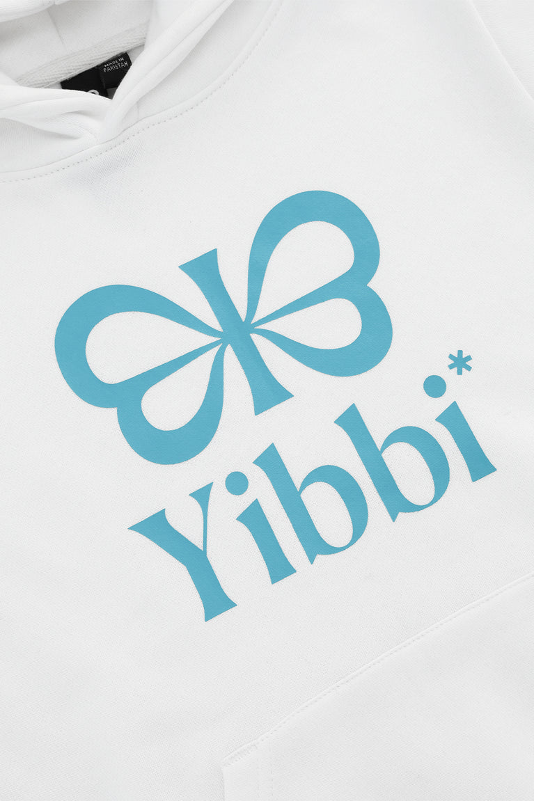 Kids white hoodie with large blue Yibbi logo text and flower emblem print