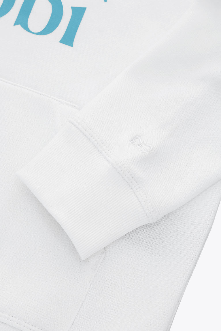 Kids white hoodie cuff with ribbed sleeve hem and stitched seam