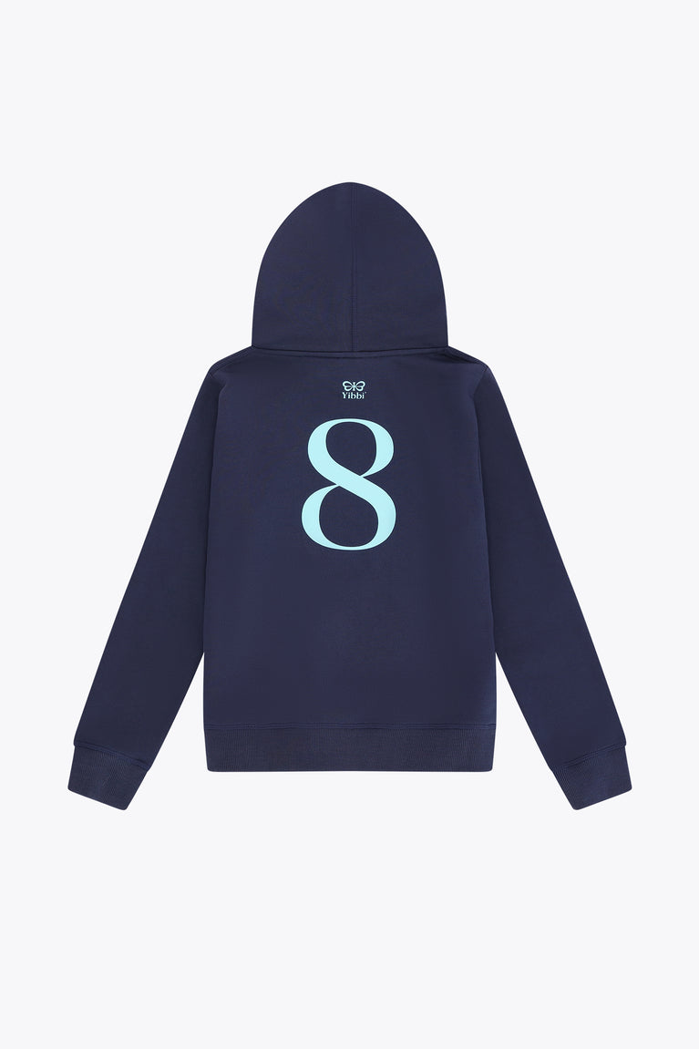 Kids deep sea navy hoodie with hood and large back '8' number graphic.