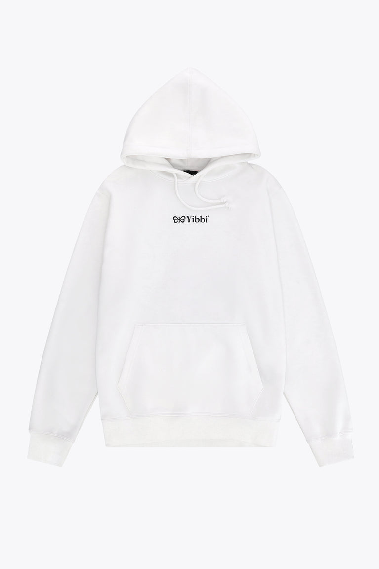 White adult pullover hoodie with front kangaroo pocket and drawstring hood