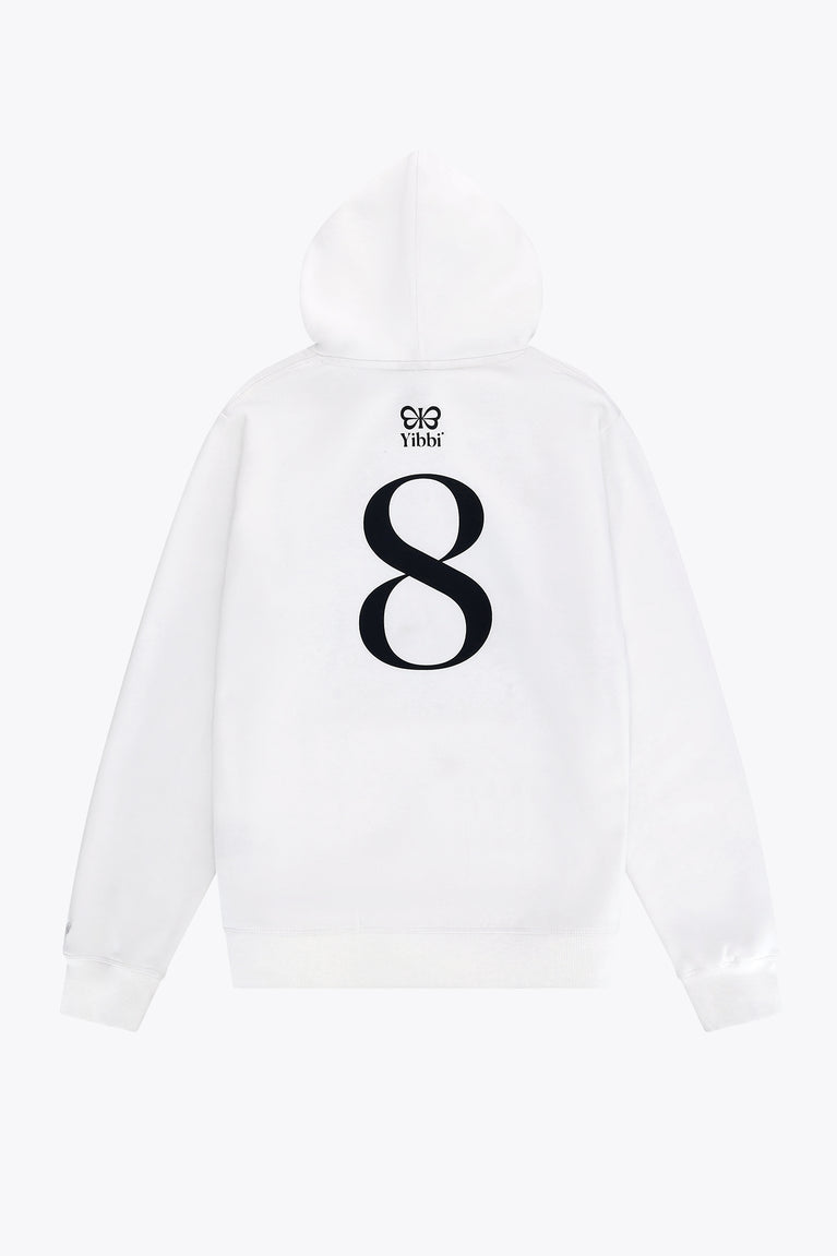 White adult hoodie with large black number 8 graphic on back