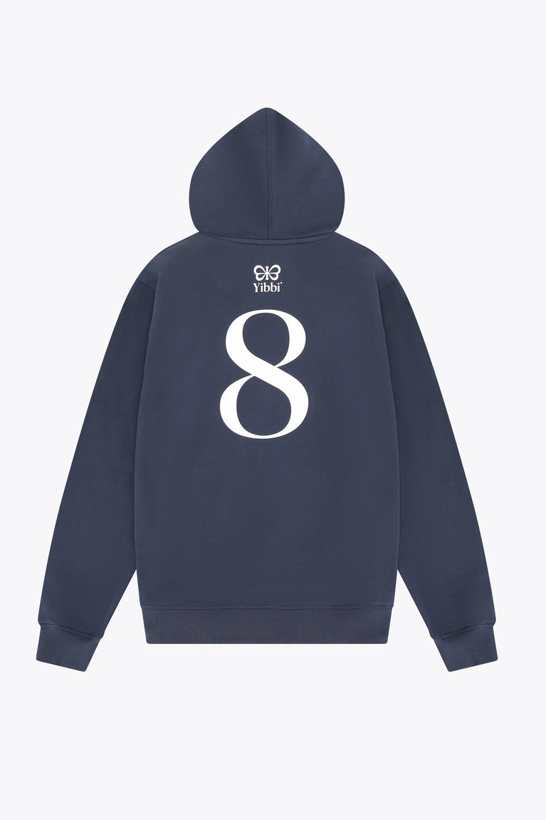 Deep sea navy adult hoodie with back graphic number 8 and drawstring hood