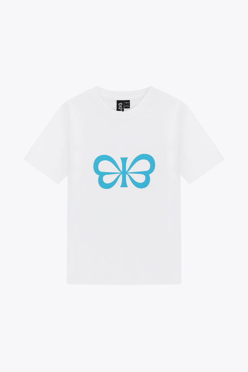 Yibbi Kids Tee | White Kids white T-shirt with blue bow butterfly graphic on front