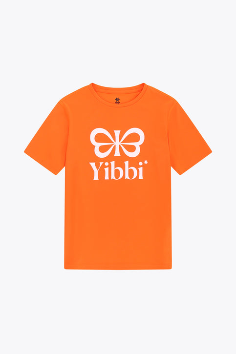 Yibbi Kids Sports Tee | Bright Orange Bright orange kids sports tee with Yibbi logo and flower graphic