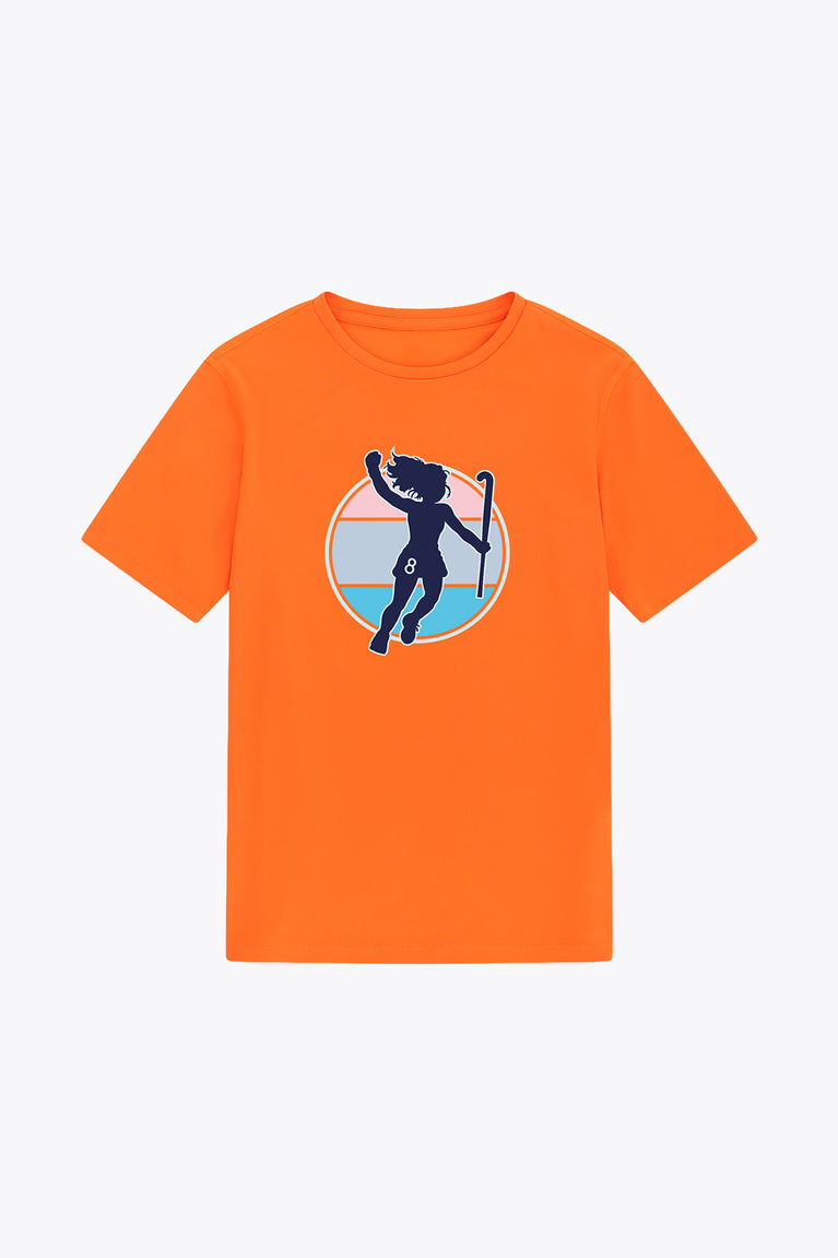Kids orange tee shirt with hockey girl graphic on the front