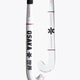 White and silver hockey stick blade end with red stripe and black logo