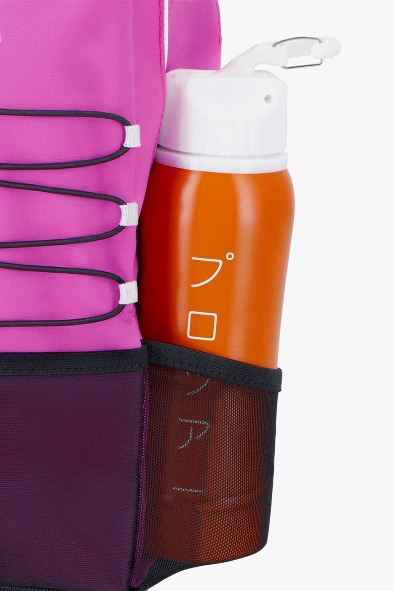 Osaka pro tour compact backpack in pink with logo in white. Detail water bottle holderview