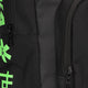 Osaka sports backpack in black with logo in green. Detail zip view