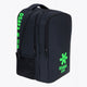 Osaka sports backpack in black with logo in green. Side view
