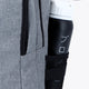 Osaka sports backpack in light grey with logo in blue. Water bottle holder view