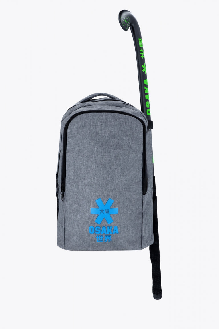 Osaka sports backpack in light grey with logo in blue. Front view