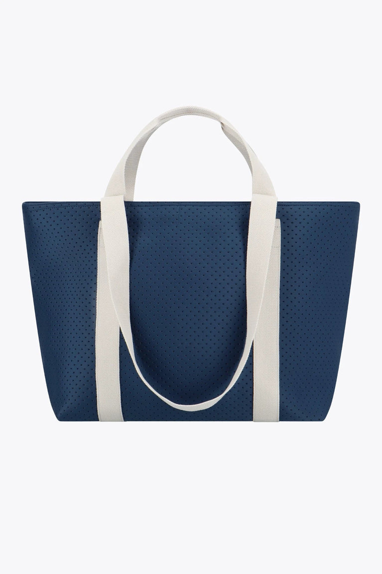 Osaka neoprene Tote bag in navy with structure and logo in white. Back view