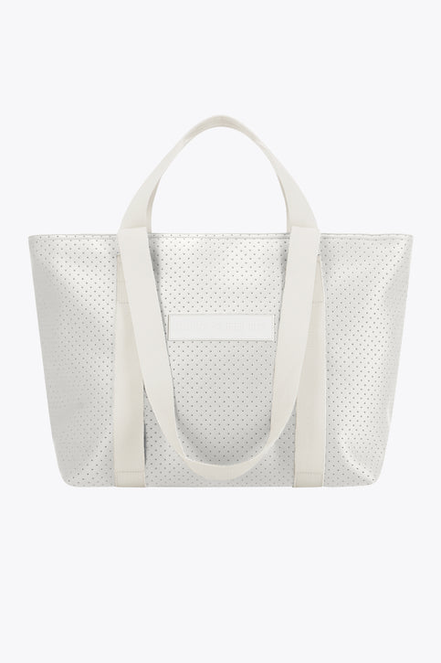 Osaka Neoprene Tote Bag | Light Grey Osaka neoprene Tote bag in light grey with structure and logo in white. Front view