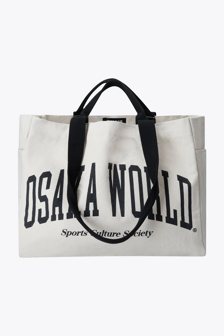 Natural raw cotton tote bag with black handles and Osaka World front print
