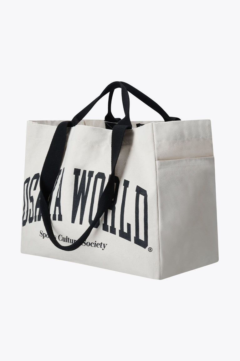 Natural raw cotton tote bag with black handles and Osaka World graphic on front