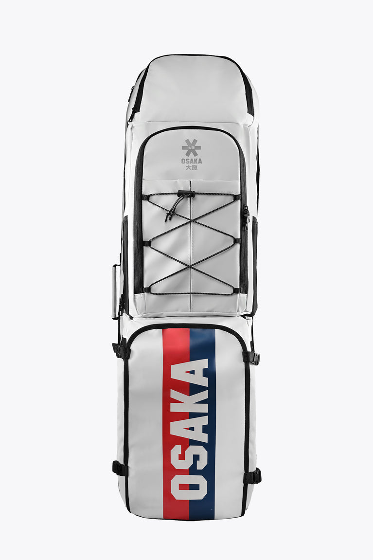 Modular ice hockey stickbag, light gray-white with black trim and Osaka logo panel.