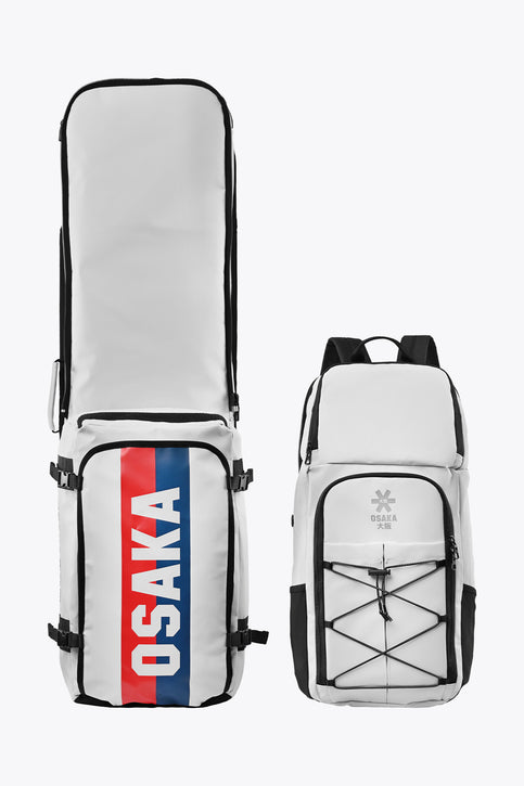 Osaka Pro Tour Stickbag Modular | Papyrus Modular ice hockey stickbag, light gray-white with black trim and Osaka logo panel.