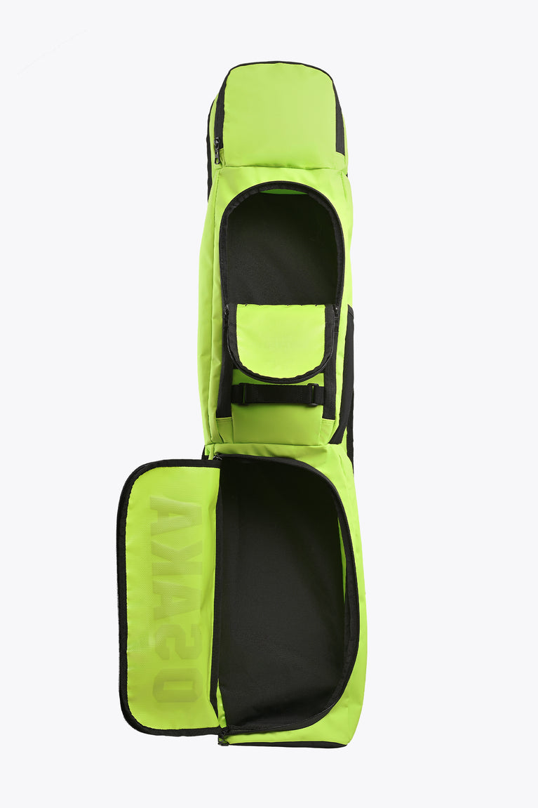Lime green stickbag with black-lined compartments and open top divider