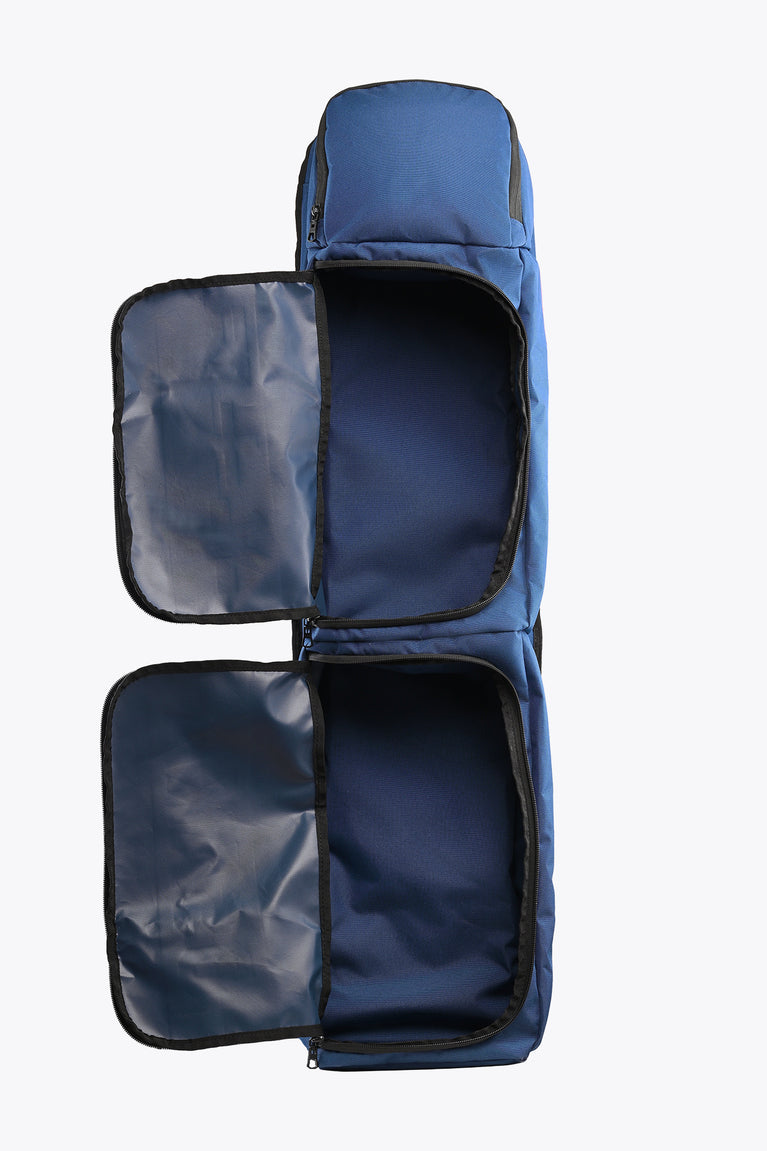 Large blue stick bag with multiple padded compartments and zip openings