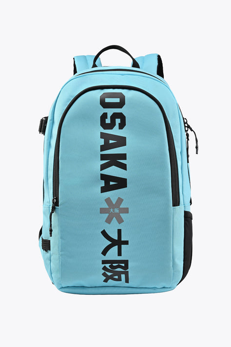 Osaka Sports Backpack | Blue Topaz Light blue Osaka sports backpack front view with black vertical logo and zippers
