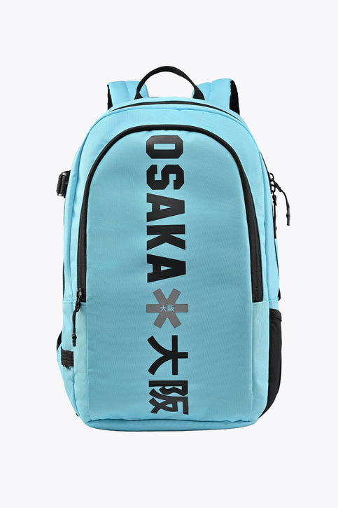 Osaka Sports Backpack | Blue Topaz Light blue Osaka sports backpack front view with black vertical logo and zippers