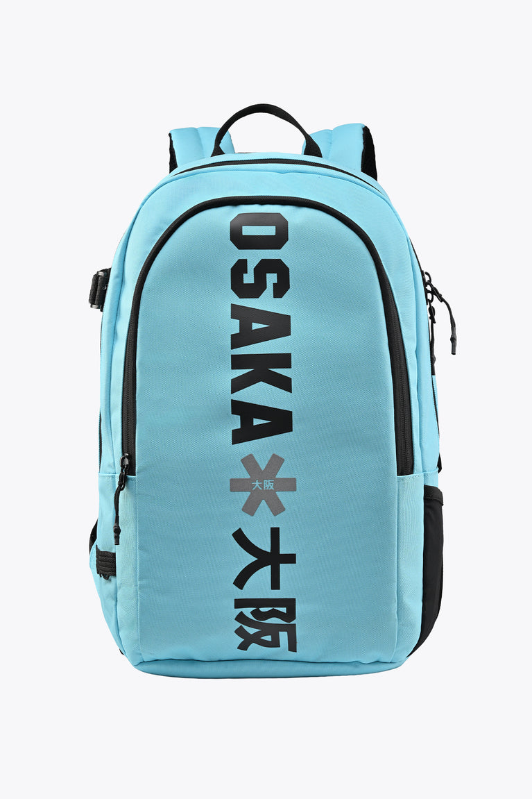 Light blue Osaka sports backpack front view with black vertical logo and zippers