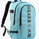Light blue Osaka sports backpack with padded shoulder straps and black side panels