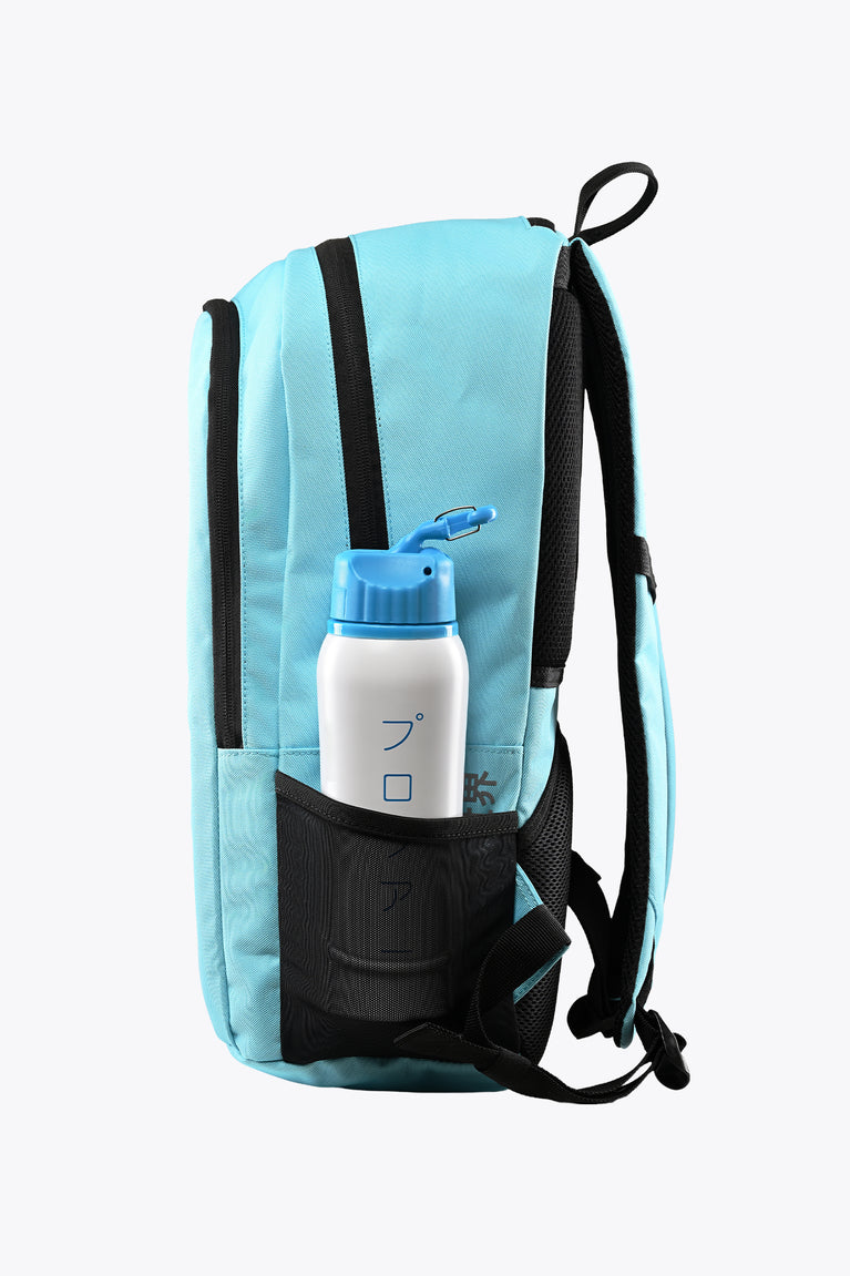 Light blue sports backpack with front bottle holder and water bottle
