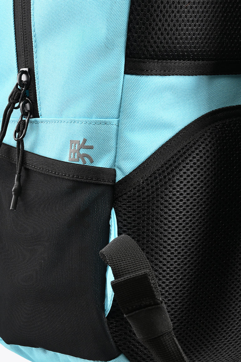 Light blue and black backpack side pocket with zipper and attachment loop