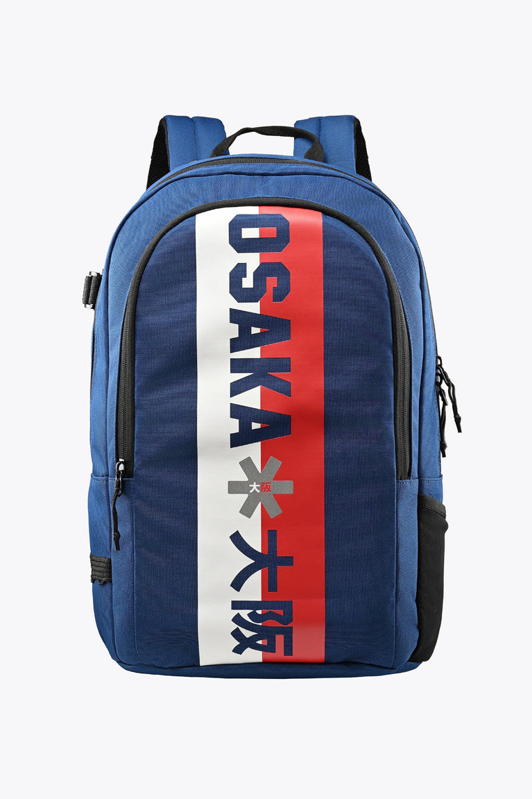 Osaka sports backpack in blue with front vertical brand graphic and zip pockets