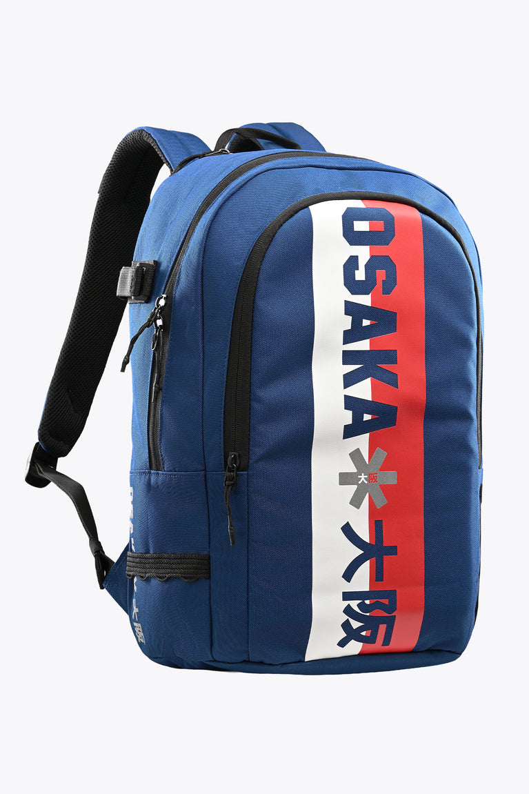 Osaka sports backpack, blue with front brand graphic panel and adjustable shoulder strap