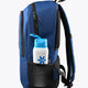 Osaka sports backpack, blue with black side pocket holding a water bottle