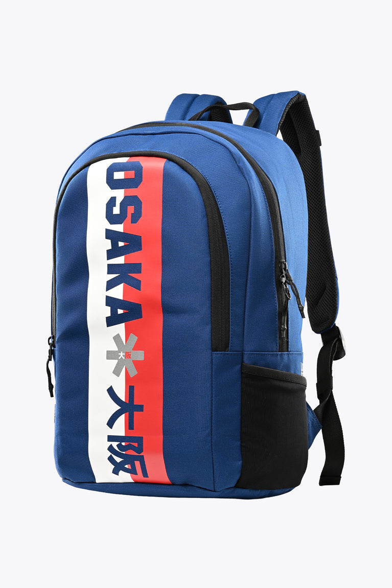 Osaka sports backpack, blue with front brand graphic and side zip compartments