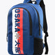 Osaka sports backpack, blue with front brand graphic and side zip compartments