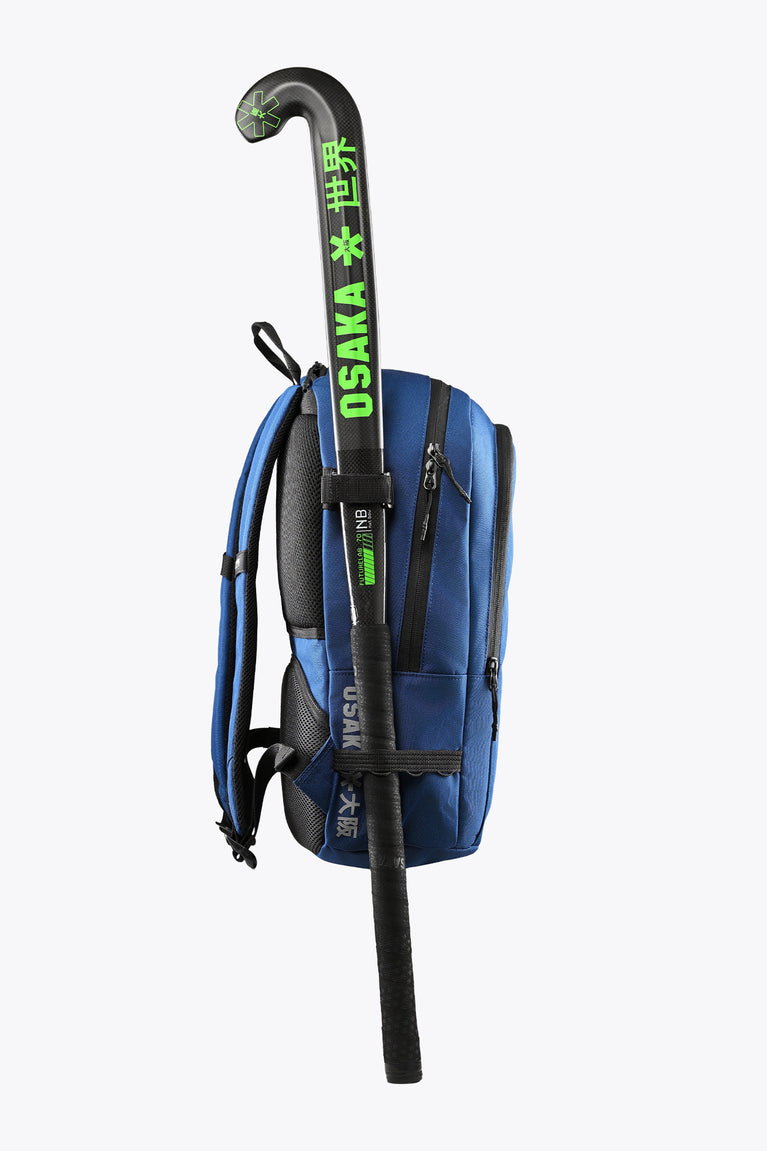 Osaka sports backpack, blue with black shoulder straps and hanging top loop