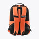 Kids sports backpack back view, orange with black padded mesh shoulder straps