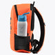 Kids sports backpack with side bottle pocket holding a blue drink bottle