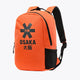 Kids sports backpack, orange with black trim and front OSAKA logo, side view