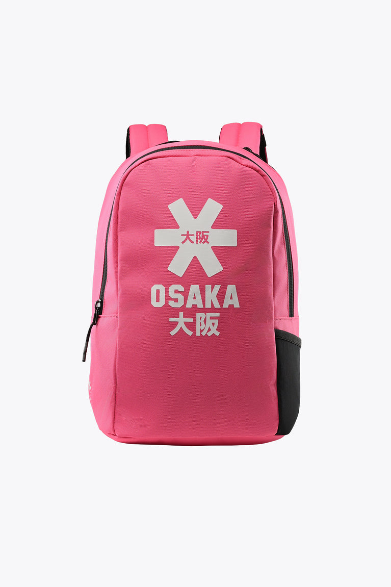 Kids hot pink sports backpack with front Osaka graphic, top handle and zipper