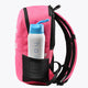Kids hot pink backpack with front pocket holding a blue water bottle